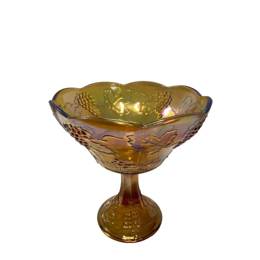 Vintage Amber Marigold CARNIVAL GLASS‎ Compote Pedestal BOWL Iridescent Grapes